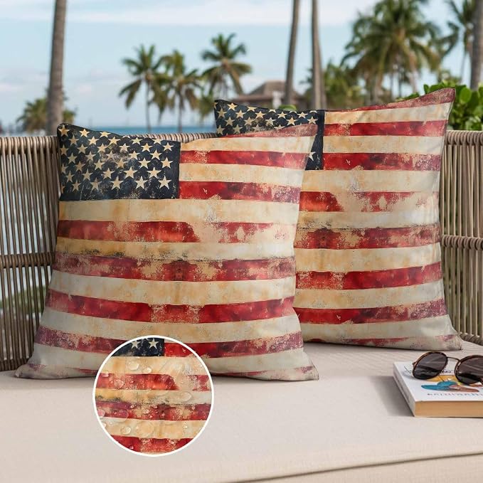 Independence Day Outdoor Pillow Covers 20"x20" Set of 2, Retro Country American Flag Waterproof Throw Pillow Covers for Patio Furniture, Decorative Cushion Covers for Porch