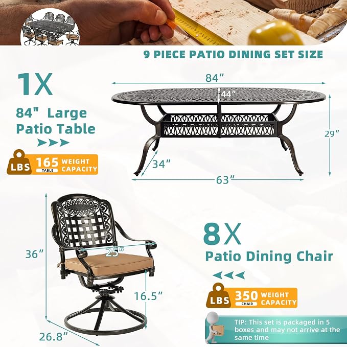 MEETWARM 9-Piece Outdoor Patio Dining Set, All-Weather Cast Aluminum Patio Conversation Set with 8 Cushioned Swivel Rocker Chairs for Backyard Garden Deck, 1 Oval Table, 2" Umbrella Hole