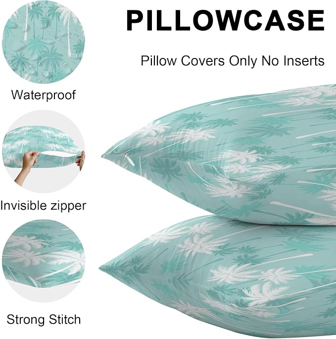 Lumbar Pillow Covers 20x12 Inch Set of 2, Tropical Palm Tree Waterproof Outdoor Pillow Covers, Turquoise White Plants Coastal Leaf Beach Decorative Cushion Pillowcases for Patio, Garden, Couch, Sofa