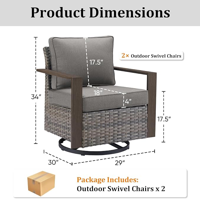 2PCS Outdoor Swivel Patio Chairs Set, All-Weather Wicker Swivel Rocker Chairs with High Back and Deep Seat, Patio Seating for Porch, Deck, Backyard and Poolside Grey/Grey Cushions
