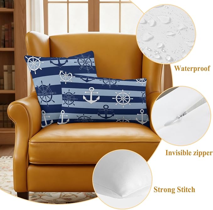 Nautical Ship Anchors Waterproof Outdoor Pillow Covers Set of 2 Home Decor, Navy Blue Horizontal Stripes Lumbar Pillowcase Patio Pillow Covers for Couch Bench Patio Furniture Garden 20x20in