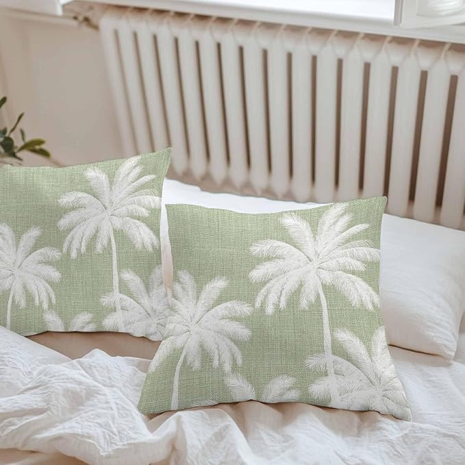 Outdoor Pillow Covers 24x24 Inch Set of 2, Sage Green Palm Trees Waterproof Throw Pillow Covers, Farmhouse Tropical Summer Beach Decorative Cushion Pillowcases for Couch, Sofa, Bed, Garden, Patio