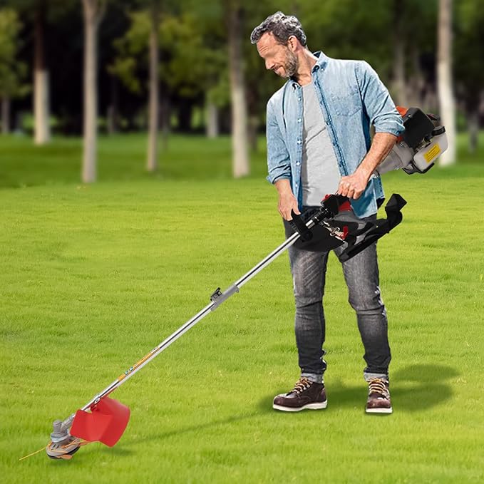 2-Stroke Lawn Trimmer, 33cc Gas-Powered Brush Cutter, Equipped with Dual Blade Heads, Portable Trimmer with Adjustable Handle, Ideal Weed Removal Tool for Garden and Yard POIOKLJRE