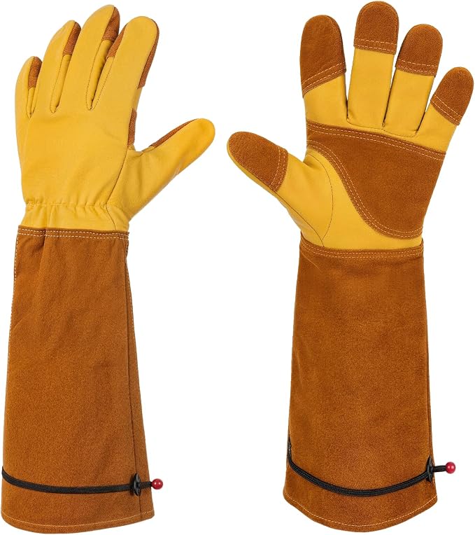 Aegend Long Gardening Gloves for Men, Reinforced Fingertips Cowhide Leather, Elbow-Length Gauntlet Cuff, Breathable & Durable for Yard Work Fit for Large Hands (Gold Yellow, L)