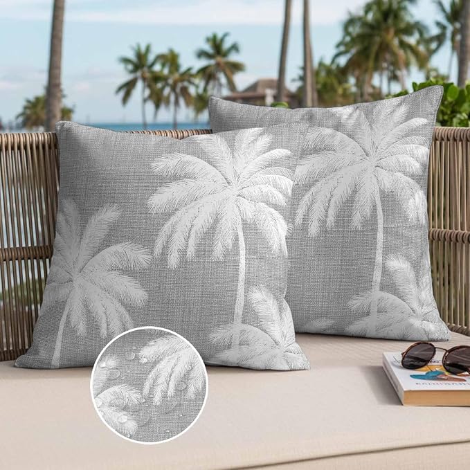 Outdoor Pillow Covers 20x20 Inch Set of 2, Grey Palm Trees Waterproof Throw Pillow Covers, Farmhouse Tropical Summer Beach Decorative Cushion Pillowcases for Couch, Sofa, Bed, Garden, Patio