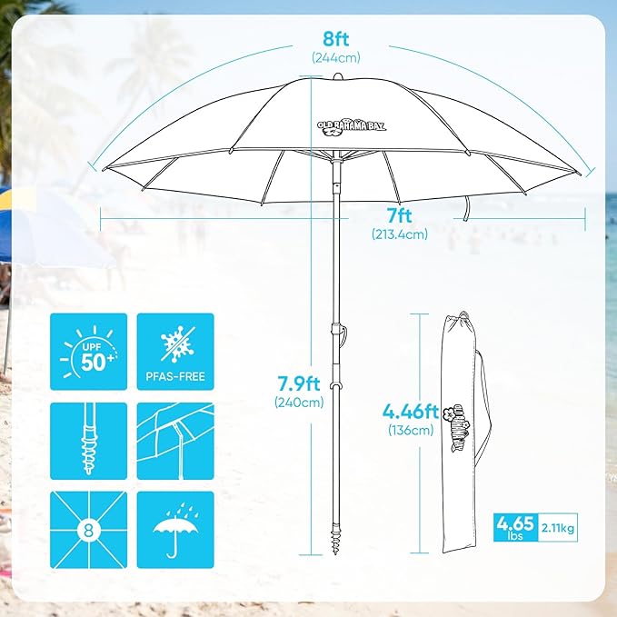 Old Bahama Bay 8ft Beach Umbrella with Screw Sand Anchor & Tilt Mechanism, UPF 50+ UV Protection, Windproof Heavy Duty Portable Sun Shelter with Carry Bag for Patio, Garden, Pool, Backyard, Palm Print