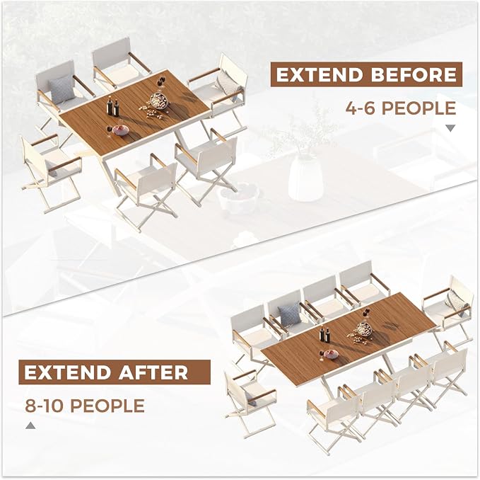 Grand patio 11-Piece Outdoor Dining Set, 10 Extra-Wide Folding Chairs & 1 Rectangle Expandable Table for 6-8 Person, Sling Mesh Patio Chairs with Wood Grain Table for Yard, Poolside, Deck, Apricot