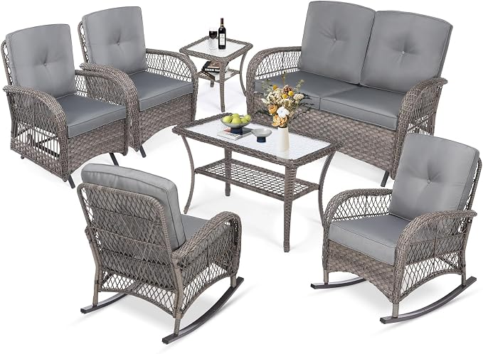 MEETWARM 7-Piece Outdoor Patio Conversation Set with Glider Loveseat, 4 Chairs, 2 Glass-Top Coffee Tables and Wicker Rocking Glider - Thickened Cushions, Gray