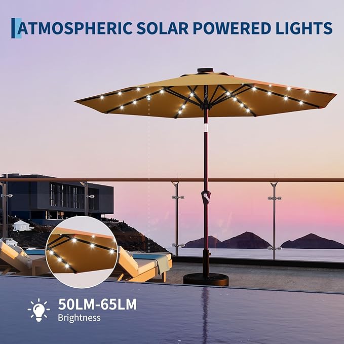 Garvee 9/10 FT Solar Patio Umbrella with 32 LED Lights - Outdoor Table Umbrella with Crank Lift, Push Button Tilt and 8 Sturdy Ribs - Market Umbrella UV Protection for Pool, Deck, Yard, Garden