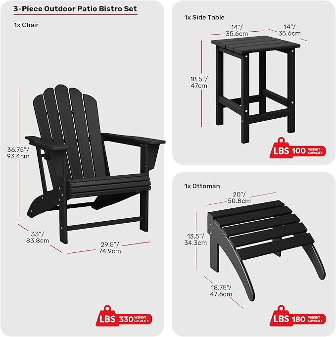 Costaelm Lakeview 3-Piece Adirondack Chair with Cup Holder and Folding Ottoman and Table Set, Black