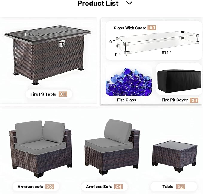 Kullavik 15PCS Outdoor Patio Furniture Set with 43" 55000BTU Gas Propane Fire Pit Table PE Wicker Rattan Sectional Sofa Patio Conversation Sets w/8 Coner Sofas,Grey