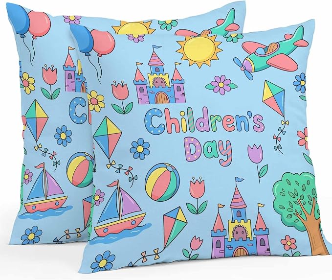 Pack of 2 Children's Day Outdoor Pillow Covers Decorative, Waterproof Pillow Protector, Airplanes Sailing Boats Tree Cartoon Blue Throw Pillowcases Accent Cushion Cases for Patio Couch Sofa 24"x24"