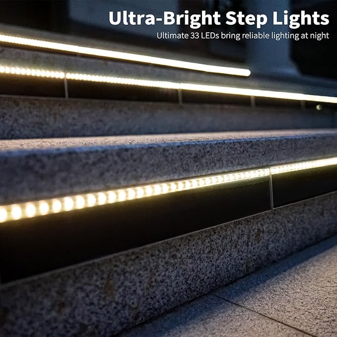 SHONELIGHTING Solar Step Lights for Outside, 33 Focused-Beam High-Brightness LEDs, Waterproof Aluminum Outdoor Stair Light for Risers, Curbsides, Poolsides, Planter Edges (Warm White, 6Pack)