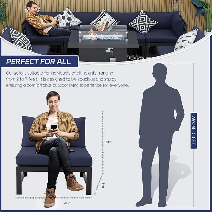 BULEXYARD 9 Pcs Oversized Contemporary Aluminum Patio Furniture Set, All Weather Modular Sectional Sofa with Tanning Chair & Fireplace, 500 lbs Heavy Duty Comfy Outdoor Couch for Beach Deck, Navy Blue