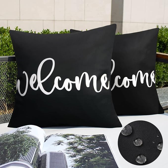 Merrycolor Set of 2 Black and White Outdoor Waterproof Pillow Covers 18x18 Welcome Throw Pillows Cover Decorative Outdoor Pillows for Patio Furniture