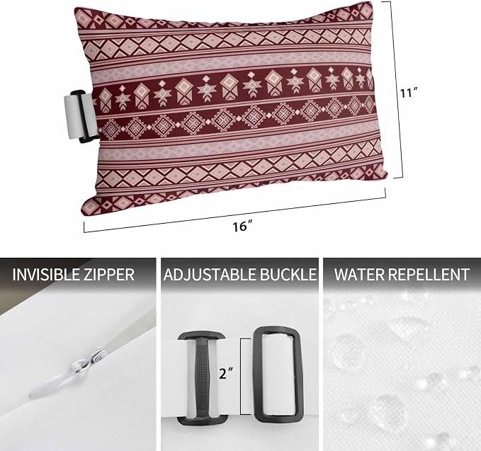 Outdoor Lumbar Pillow Set of 1, Red Boho Striped Waterproof Beach Headrest Pillow with Inserts, Southwestern Ethnic Tribe Vintage Recliner Throw Pillows for Patio Furniture, 11 x 16