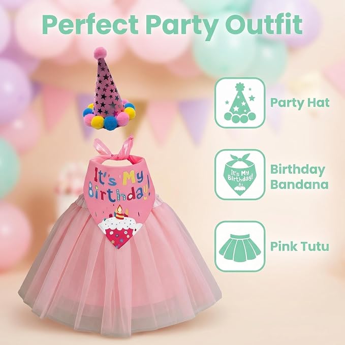 Birthday Porch Goose Outfits - 3Pcs Goose Outfits with Hat, Happy Birthday Bandana and Pink Tutu Skirt for 23 Inch Goose, Birth Party Goose Outfits Porch Goose Decor for Outdoor Garden Yard Patio
