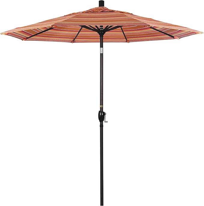 California Umbrella 7.5' Round Aluminum Market Umbrella, Crank Lift, Push Button Tilt, Bronze Pole, Sunbrella Dolce Mango