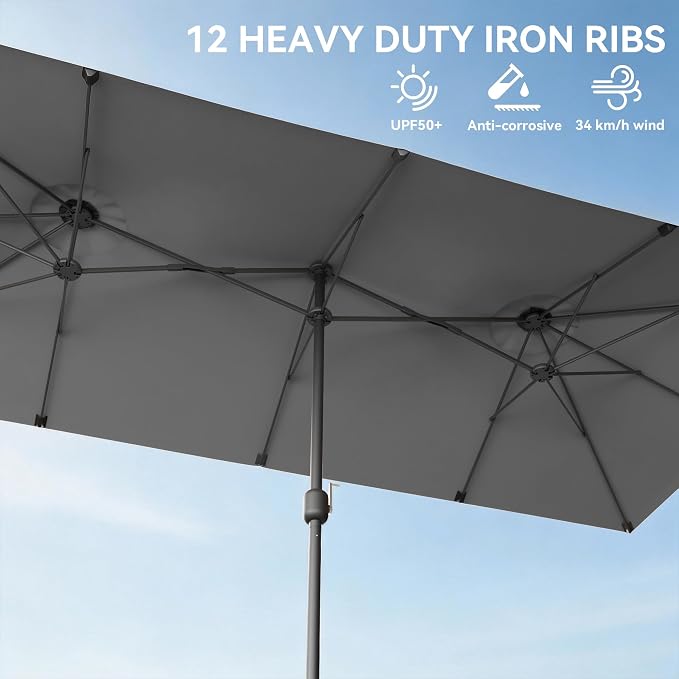 8 PCS Outdoor Patio Dining Set with 13.6ft Double-Sided Patio Umbrella,Patio Table and Chairs Metal Outdoor Patio Furniture Set,Dining Table Set with 6 Swivel Chairs,Grey
