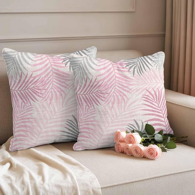 Outdoor Waterproof Throw Pillow Covers, Pink Grey Palm Leaves Decorative Pillow Cases, Summer Botanical Tropical Leaf Couch Pillow Protector Patio Sofa Cushion Covers Replacement 26"x26" 2 Pack