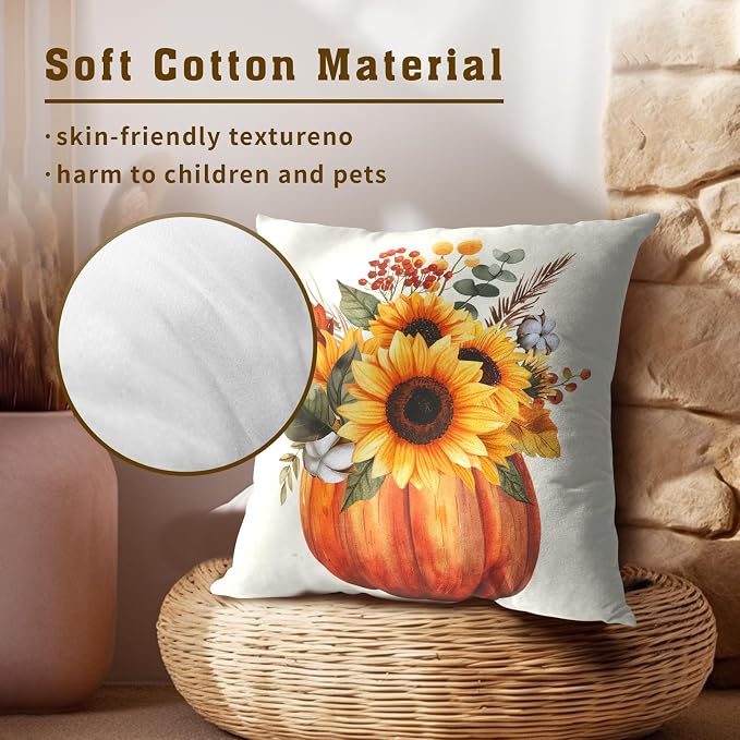Fall Throw Pillow Covers 16x16 Set of 2, Pumpkin Sunflower Leaves Autumn Season Farmhouse Decorative Pillow Cases for Sofa Bed Couch Harvest Thanksgiving Day Outdoor Home Decor