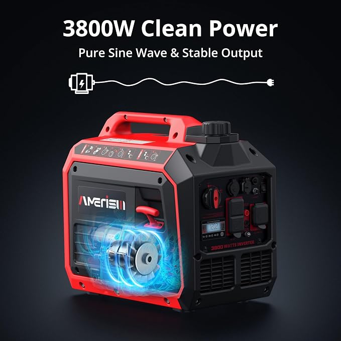 AMERISUN 3800W Portable Inverter Generator with CO Protect, Gas Powered, Super Quiet and 30A for RV-Ready for Camping, Home Emergency Use, Tailgating