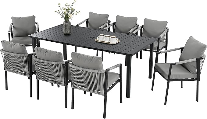 Patio Dining Set for 8, Woven Rope Dining Chairs, Cushions, for Lawn Garden | 9-piece patio dining set for 8, woven rope rattan dining table and chairs set, cushions, all-weather for lawn garden
