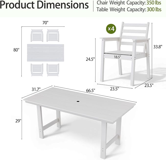 5-Piece Outdoor Dining Set, All-Weather HDPE Patio Furniture, 66.5" Slatted Table with 1.6" Umbrella Hole & 4 Ergonomic Armchairs, Heavy Duty 350lbs Capacity, UV Resistant, White