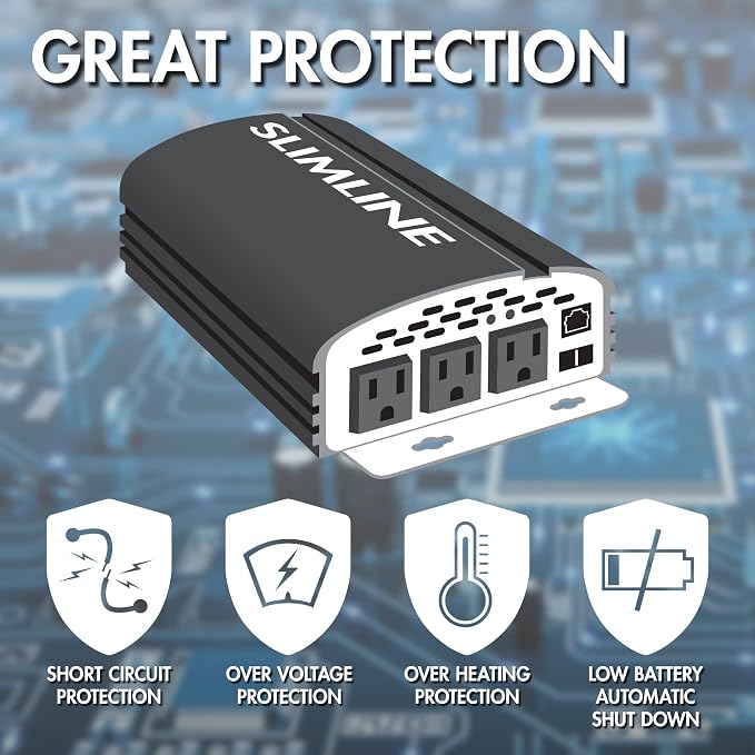Wagan EL3724 2000W Slim Line AC to DC Power Inverter 2000W TrueRated Continuous 4500W Surge Power DC 12V to AC 110V Power Inverter with 3 AC Outlets and 2A USB Charging Port