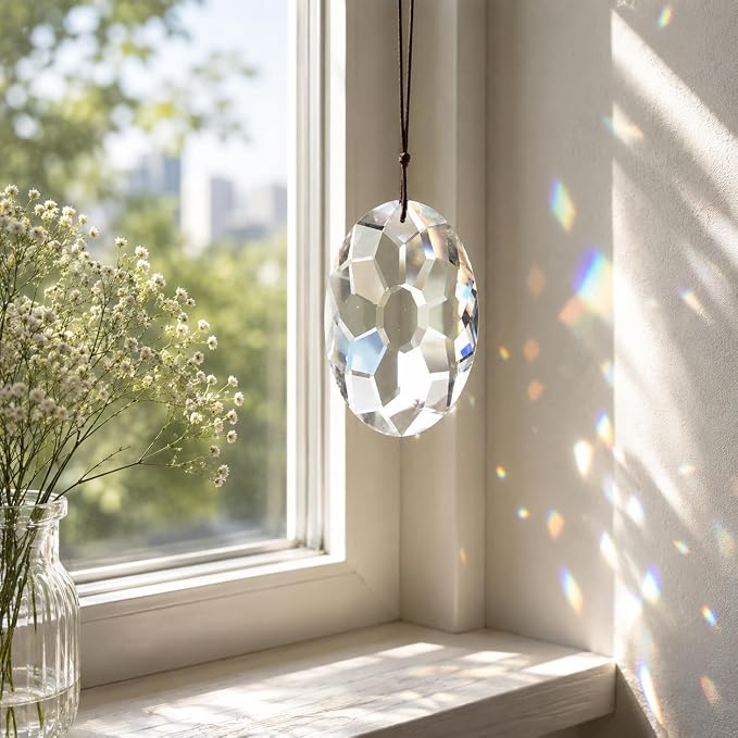 YU FENG 3.5 Inch Oval Crystal Prism Suncatcher, Clear Rainbow Maker | Clear Faceted Crystal Design, Window Hanging Pendant, Sun Catcher Ornament, Natural Light Reflection, Indoor Outdoor Decor