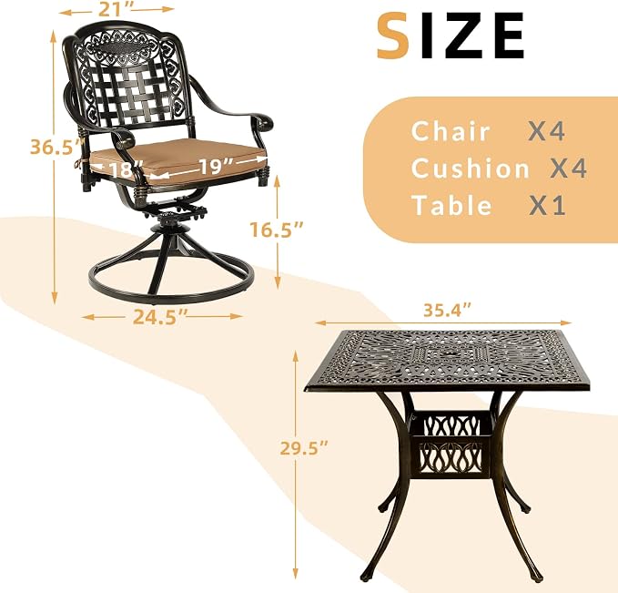 5 Piece Patio Dining Set, Outdoor Table and Chairs Set for 4 Cushioned Swivel Rocking Chairs and 35.4'' Square Table, All-Weather Cast Aluminum Patio Funiture Set, 2.2'' Umbrella Hole
