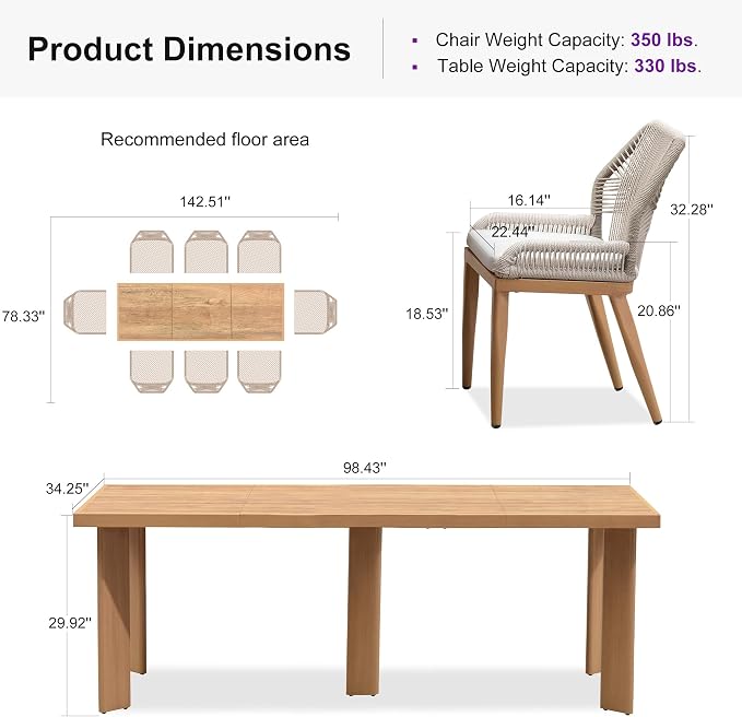 PURPLE LEAF 9 Pieces Patio Dining Set Aluminum Modern Rectangular Table and Wicker Chairs with Cushions for Kitchen Porch Garden Outdoor Furniture Sets, Teak