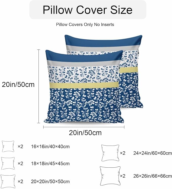 Blue Yellow Outdoor Pillow Covers 20x20 Inch Throw Pillow Covers Set of 2 Waterproof Decorative Pillow Cases Botanical Floral Motifs Wildflower Striped Cushion Covers for Patio Furniture Garden Couch