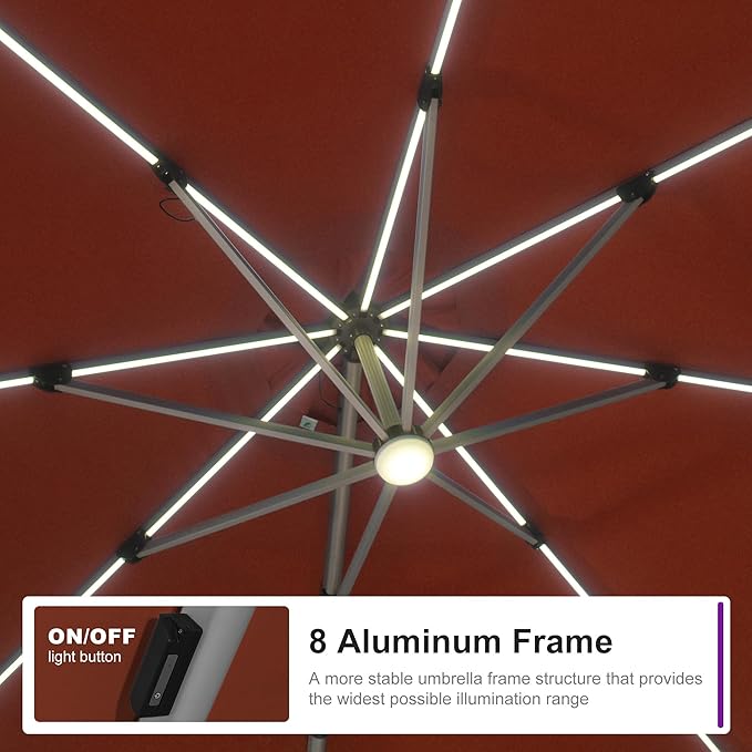 PURPLE LEAF 11ft Patio Umbrella with Lights Outdoor Round Cantilever Solar Powered LED Umbrella with 360-degree Rotation for Garden Deck Pool Patio, Brick Red