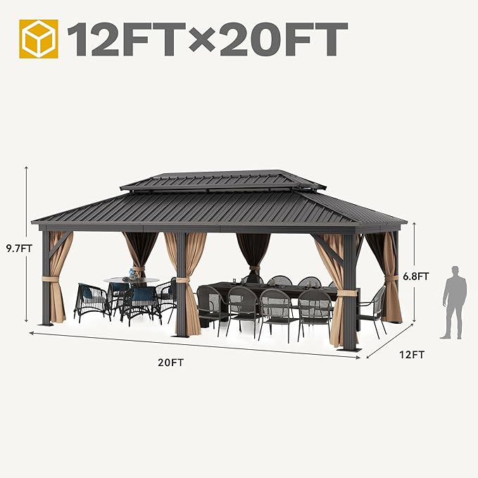 DWVO 12x20ft Gazebo Double Roof Hardtop with Nettings and Curtains, Heavy Duty Galvanized Steel Outdoor Vertical Stripes Roof for Patio, Backyard, Deck, Lawns, Brown