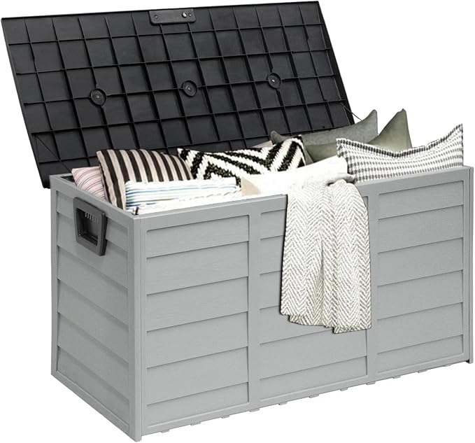 SUNCROWN 75 Gallon Deck Storage Box Resin Outdoor Storage Container with Handles for Patio Garden Yard Porch, Grey
