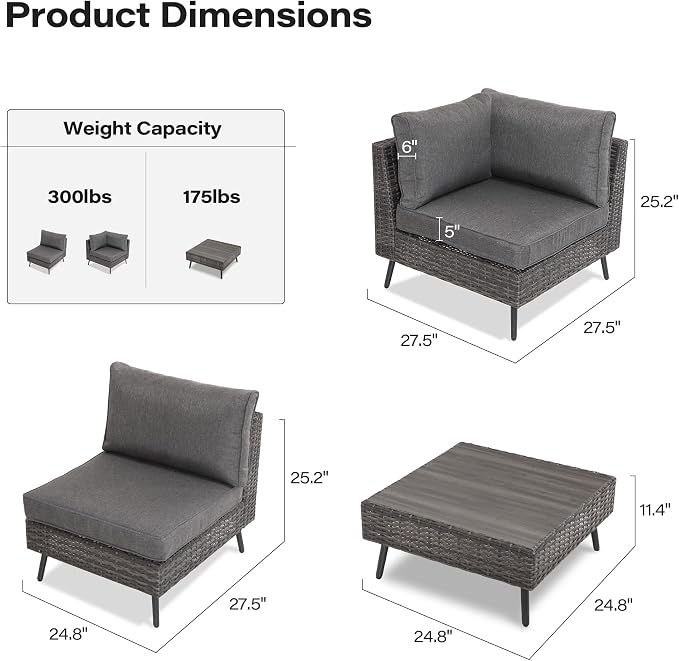 LAUSAINT HOME Outdoor Patio Furniture, 7 Piece Outdoor Sectional Sofa PE Rattan Wicker Patio Conversation Sets, All Weather Patio Furniture Set with Thick Cushions for Garden, Backyard (Grey)