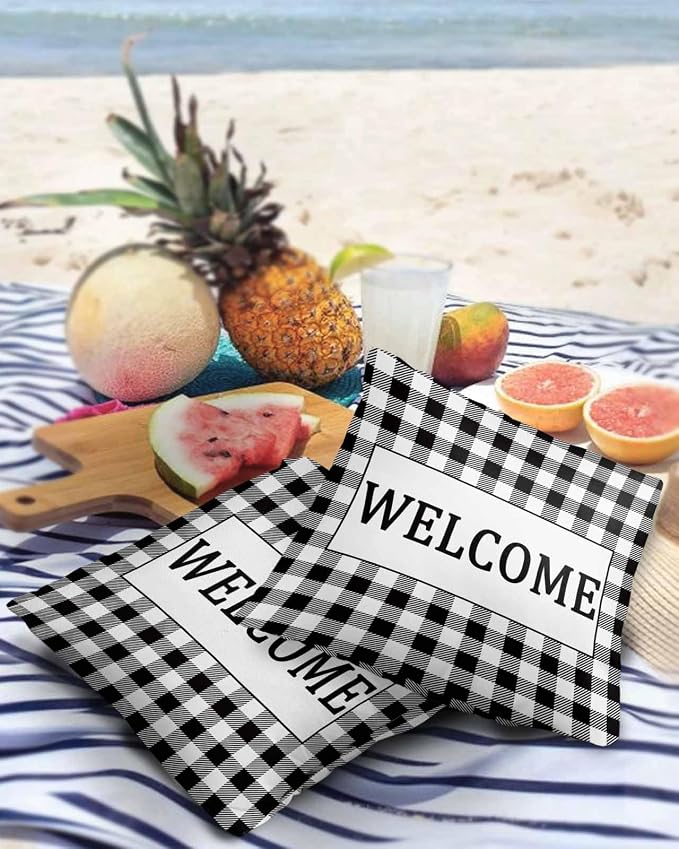 Outdoor Waterproof Pillow Covers for Patio Furniture Black Buffalo Check Plaid Decorative Throw Pillow Cover Welcome Pillowcases Set of 2 Cushion Case for Sofa Couch Chair Home Decor 20x20 inch