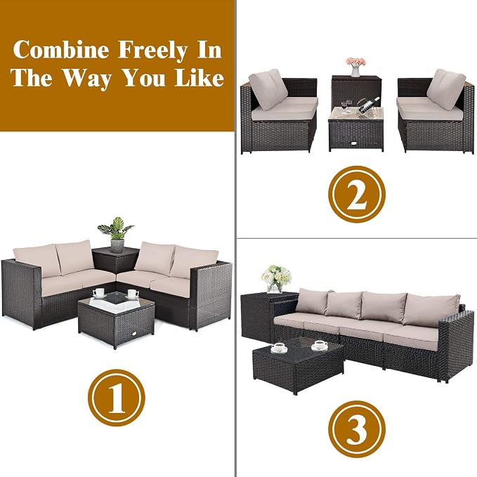 Tangkula 4 Piece Wicker Patio Set with Storage, All Weather-Proof Outdoor Conversation Set, with Loveseat, Glass Top Coffee Table & Storage Box, Suitable for Garden, Poolside, Sunroom (1, Brown)