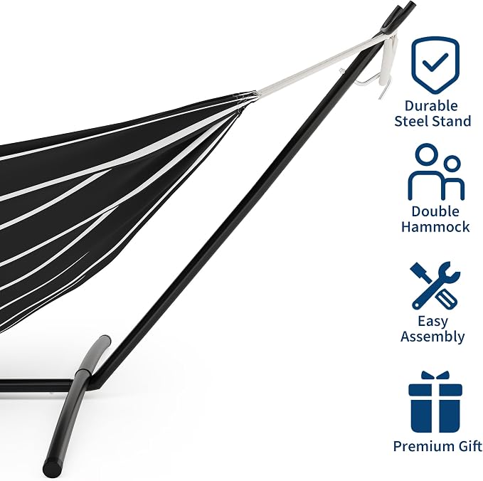 Double Hammock with Steel Stand, 450lbs Capacity Heavy Duty 2 Person Portable Cotton Hammocks for Backyard Patio Garden Camping, Carrying Bag Included, Brazilian Style