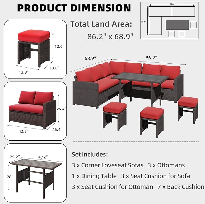 AECOJOY Outdoor Patio Furniture Set, 7 Pieces Clearance Sectional Rattan Dining Table&Chairs, All Weather Wicker Conversation Sofa Couch with Ottoman, Red Cushions&Brown Rattan