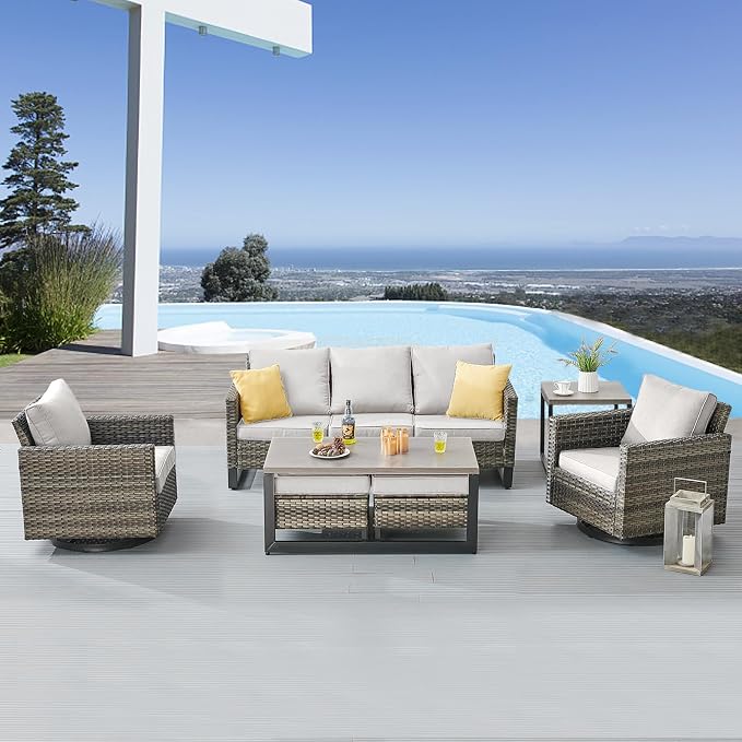 Belord 7 PCS Outdoor Furniture Set, Mixed Grey Wicker, Beige Cushion, Includes Swivel Rocker Chairs, Sofa, Ottomans, Water-Resistant