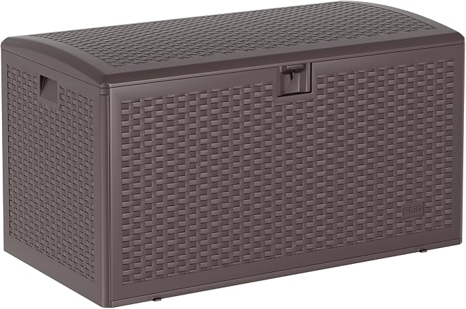 Jojoka 120 Gallon Lockable Outdoor Storage Box - Waterproof UV-Resistant Resin Deck Bench with Gas Spring Lid - For Patio Furniture Cushions, Garden Tools, Pool Accessories - Brown, Gas Spring