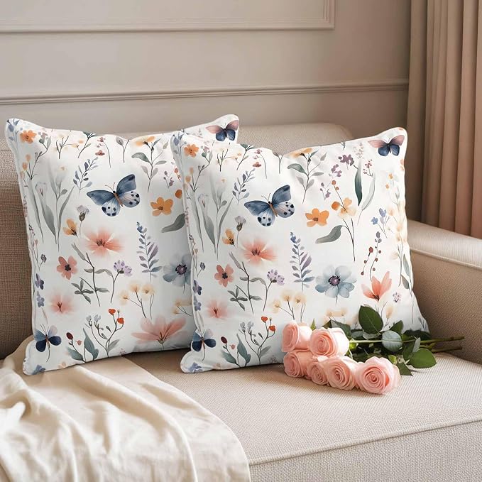 Spring Flower Butterfly Outdoor Waterproof Throw Pillow Covers Set of 2, 24"x24", Retro Watercolor Floral Leaf Decorative Pillow Covers Outside Cushion Case for Patio Porch Garden