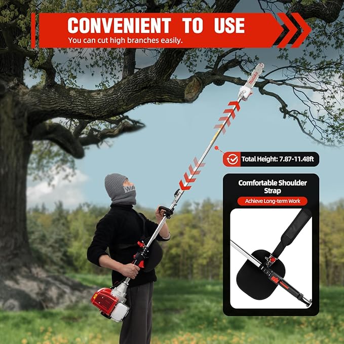 43CC 2-Stroke Grass Trimmer, 1250W Gas Trimmer Gas Powered Pole Saw Garden Pole Chainsaw for Lawn Yard Farmland Sawing High Branches and Small Trees Tree Trimmer
