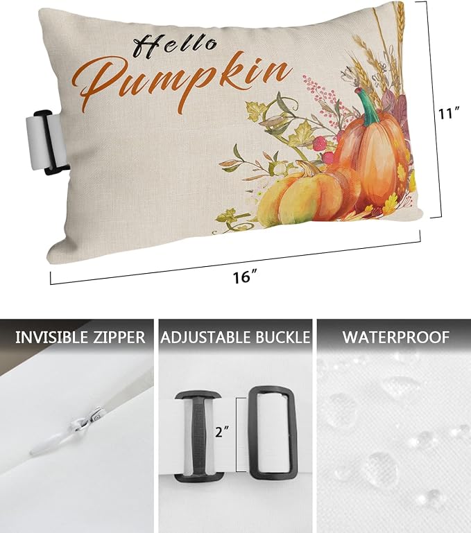 Outdoor Pillows Covers with Inserts Hello Pumpkin Fall Pumpkin and Rice Ears Waterproof Recliner Pillow with Adjustable Strap Throw Pillows for Patio Furniture Pool Lounge Chair, 11x16 inch, 2PCS