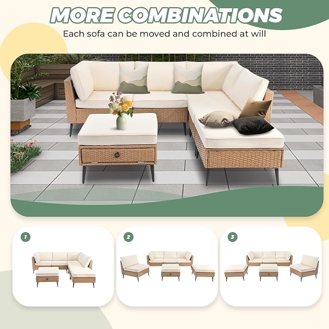 LVUYOYO 6 Pieces Outdoor Patio Furniture Set, Wicker Sectional Sofa Set for All-Weather, Rattan Conversation Sets with Cushions and Storage for Deck, Backyard, Porch (Khaki)