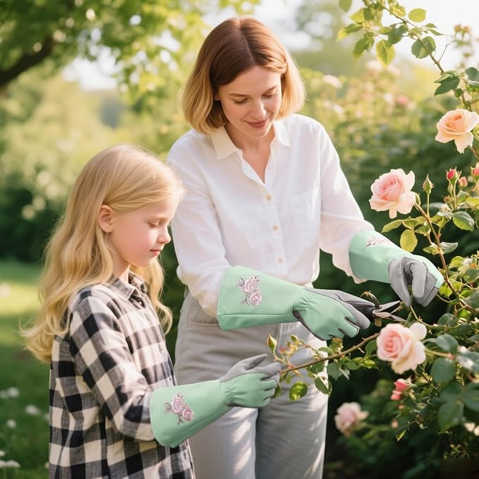 Rose Pruning Gloves with Forearm Protection, Thorn Resistant | Embroidery Design with Extra Long Cuff for Gardening and Pruning Tasks