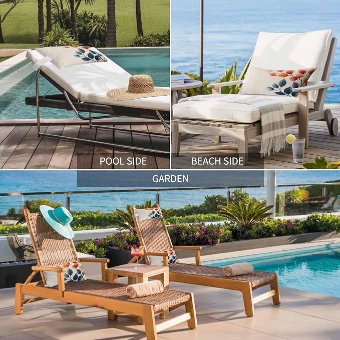 Outdoor Pillow for Chaise Lounge Chair, Farmhouse Orange Blue Leaves Waterproof Throw Pillow 11x16in Set of 1,Recliner Head Pillows for Garden Beach, Country Watercolor Botanical Patio Pillowcase