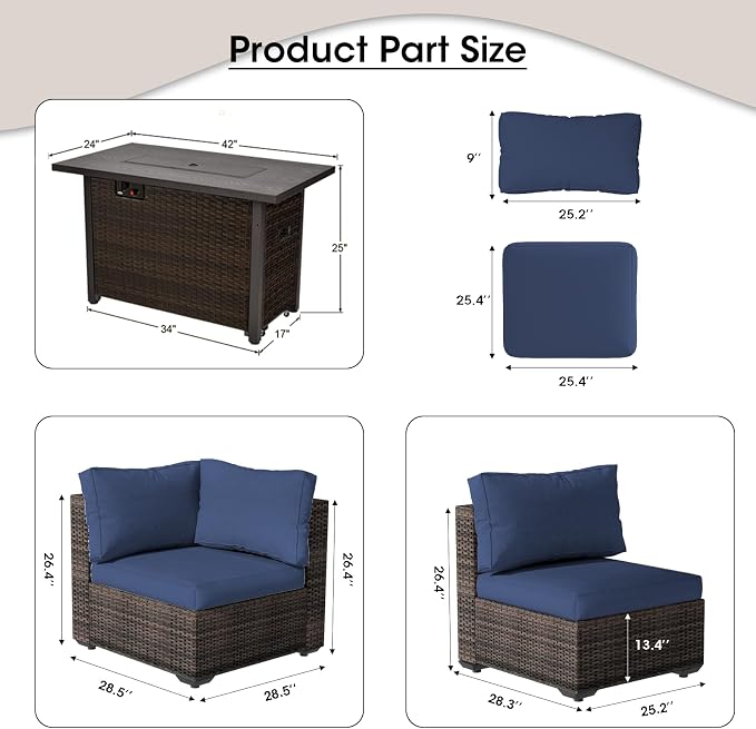 Patio Furniture Set with Fire Pit Table, Outdoor Sectional Rattan Sofa Set, Patio Set Seating Furniture with Thickened Cushions (Blue, 7 Pieces)